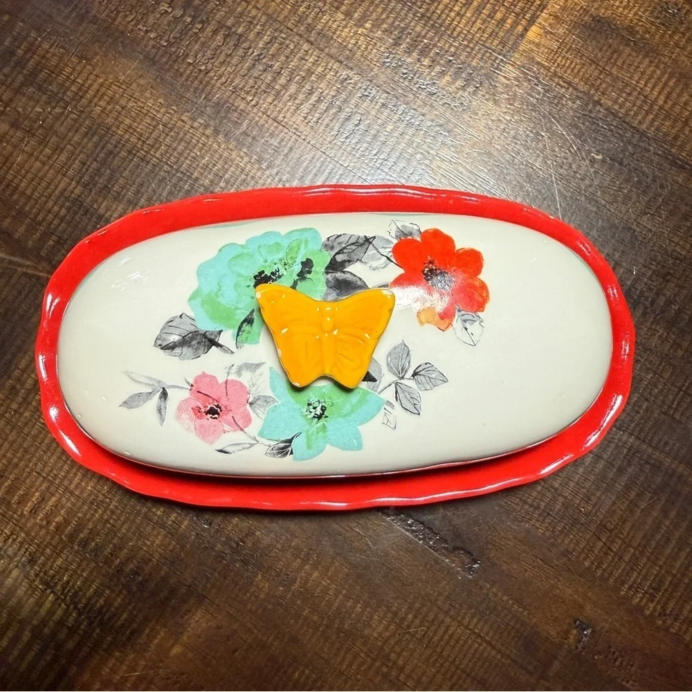 Pioneer Woman Floral Ceramic Butter Dish with Butterfly Accent CottageCore Farm